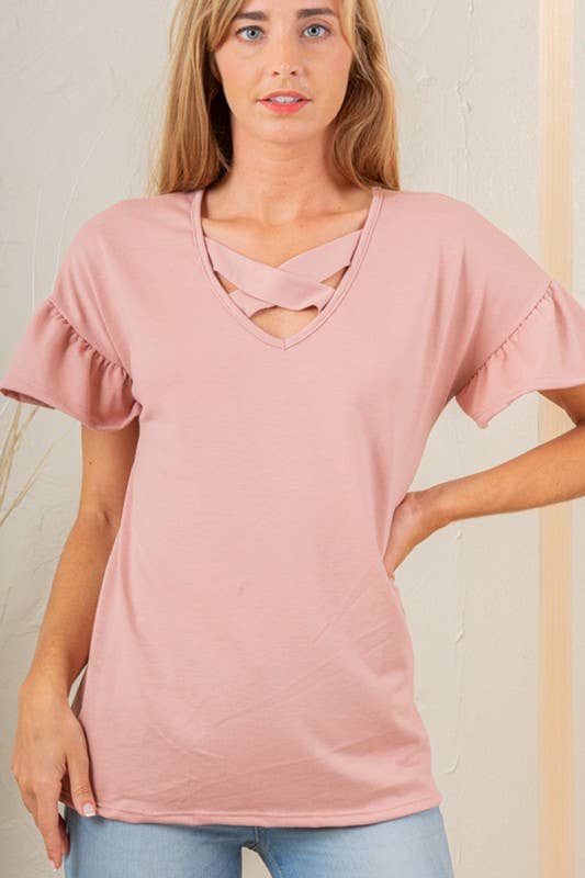 RUFFLED SLEEVE CRISSCROSS NECK SOLID TOP