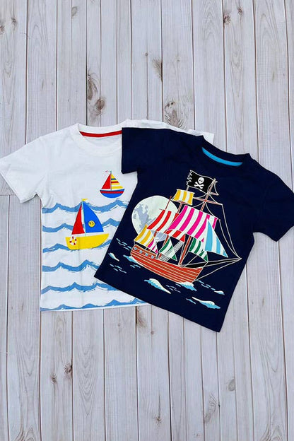 Sailboats & blue ocean waves white boy t-shirt