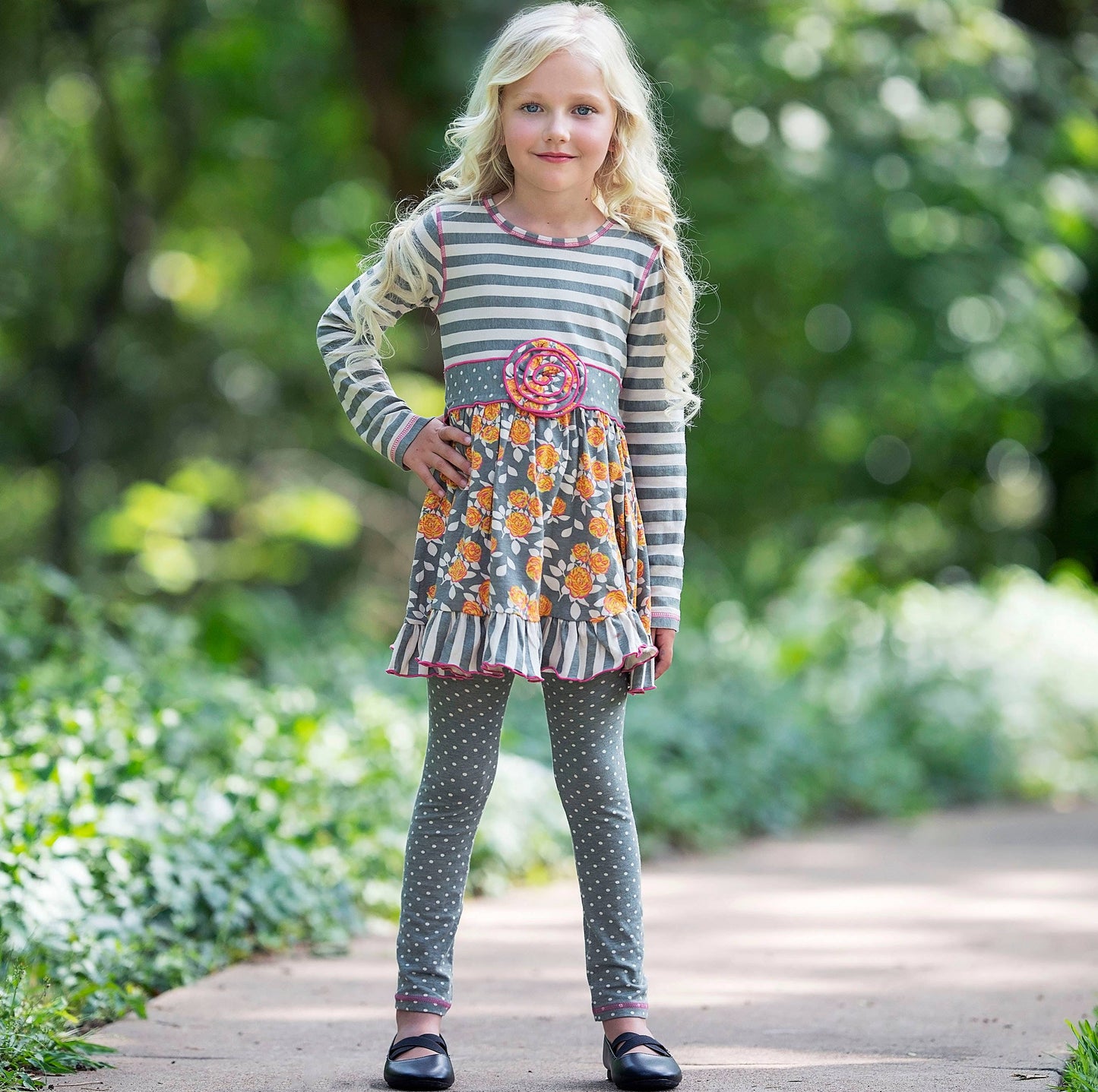 AnnLoren Girls Shabby Grey Floral Dress Leggings Outfit 9/10