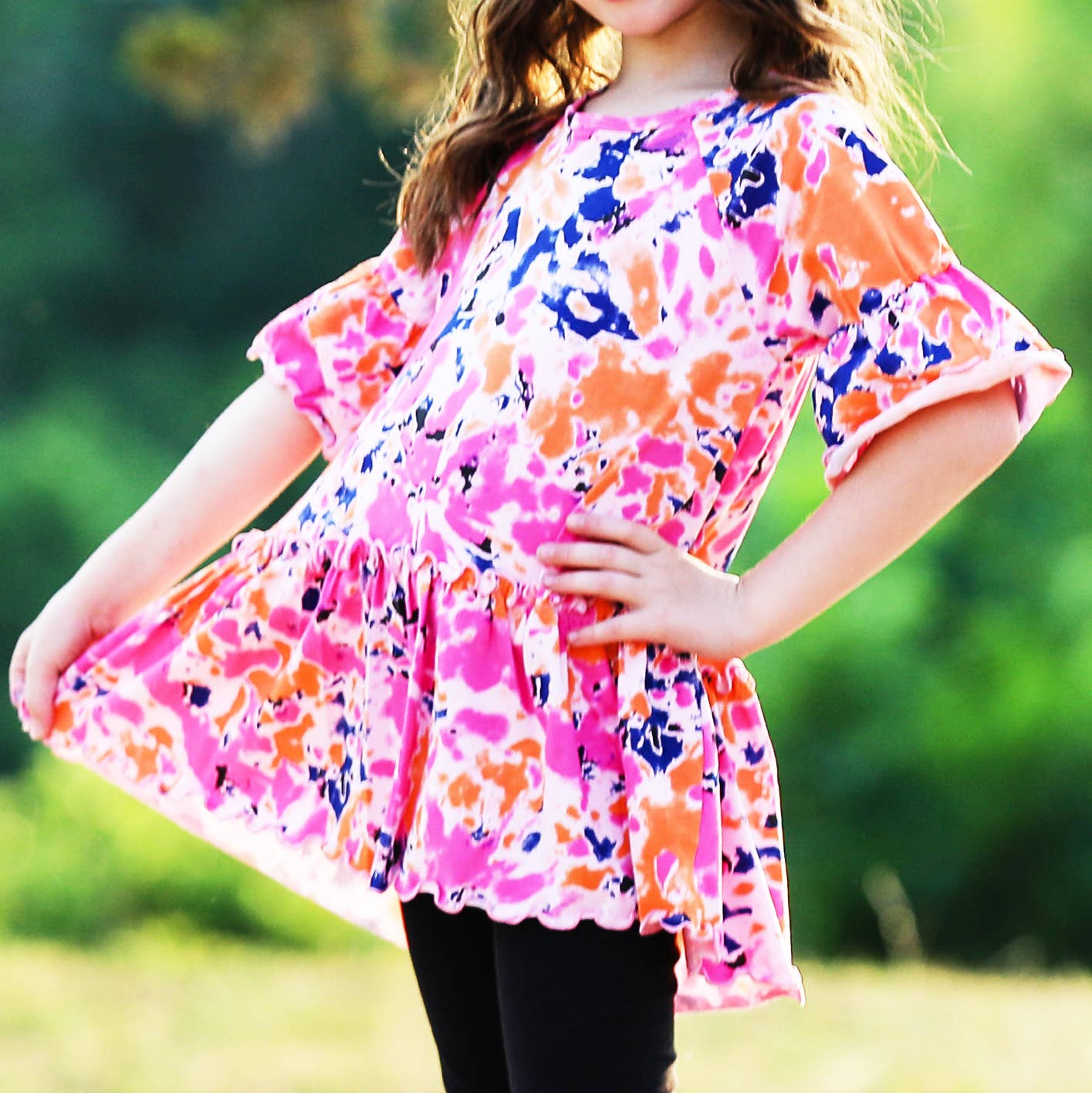 AnnLoren Girls Hi Low Tie Dye Cotton Ruffle Shirt