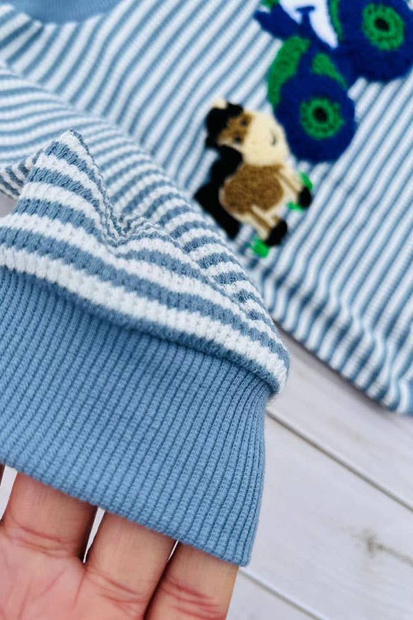 Farm & horse patch blue stripes top & pant boy set