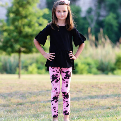 AnnLoren Girls Black & Pink Tie Dye Leggings