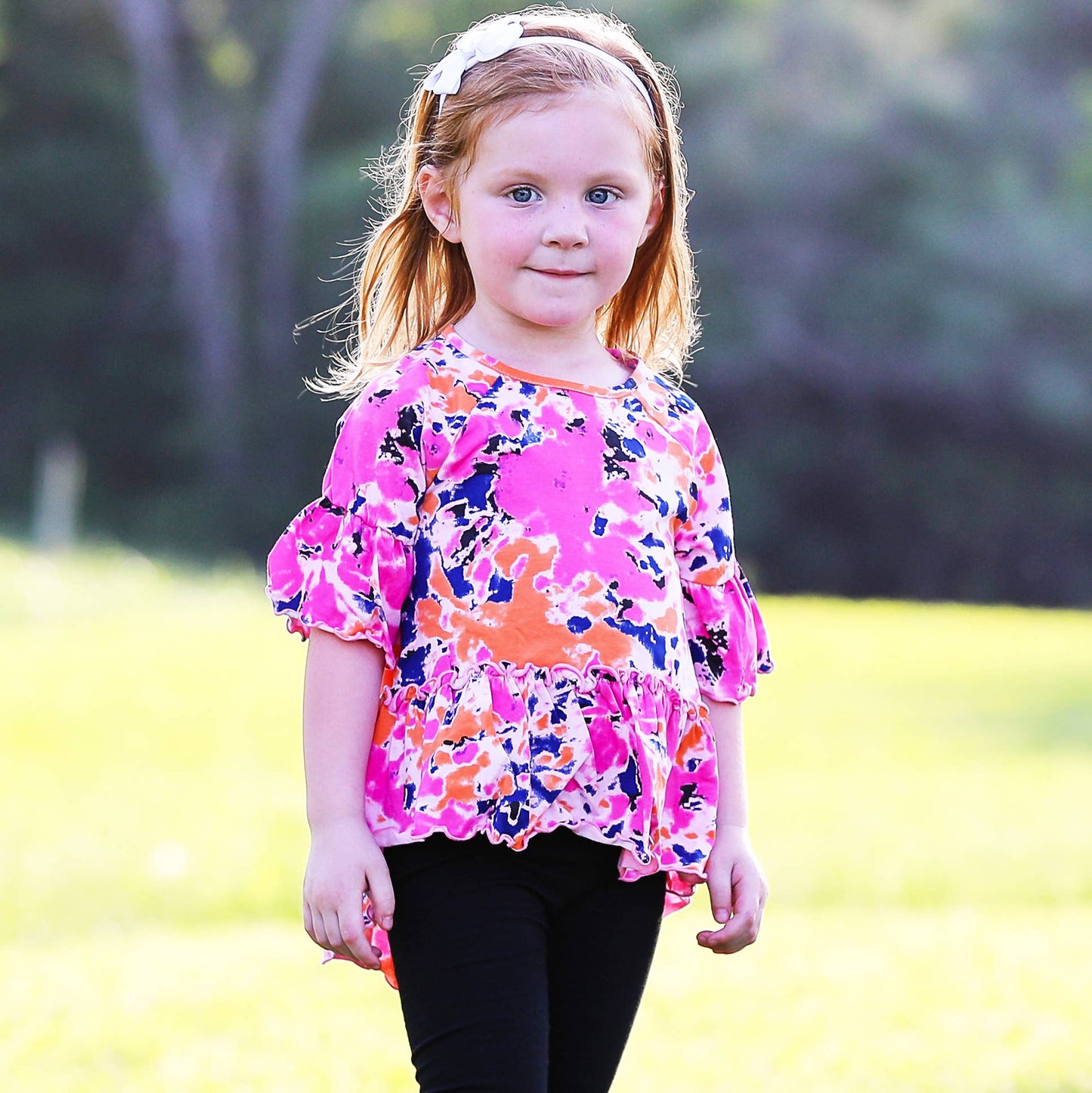 AnnLoren Girls Hi Low Tie Dye Cotton Ruffle Shirt