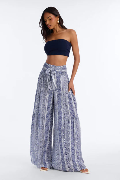 Madaline Tie Waist High Rise Wide Leg Pant - Blue/combo