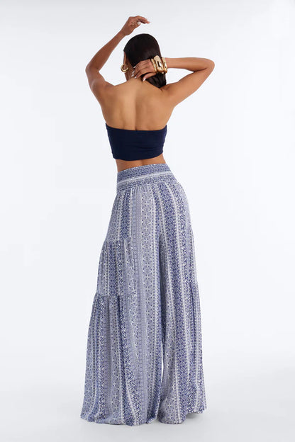 Madaline Tie Waist High Rise Wide Leg Pant - Blue/combo