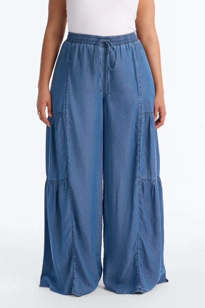 Chambray Tiered Wide Leg Pants
