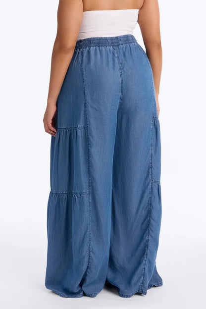 Chambray Tiered Wide Leg Pants